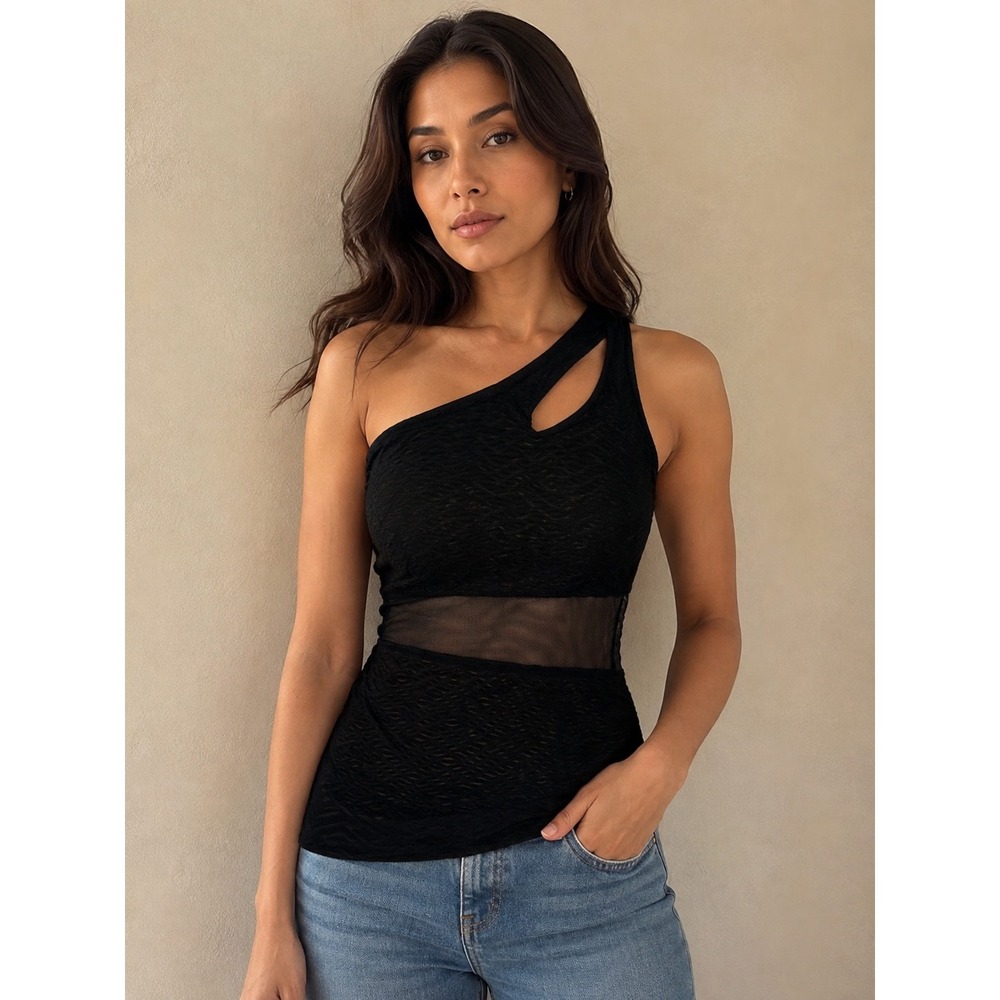 Bui Yah Kah Black One Shoulder Mesh Cutout Textured Top Size S